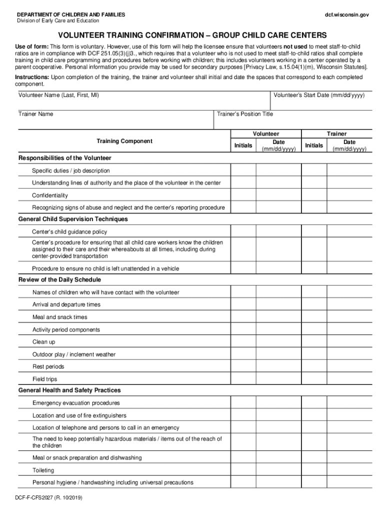  Volunteer Training Confirmation Group Child Care Centers, DCF F CFS2027 Form for Web 2021-2024