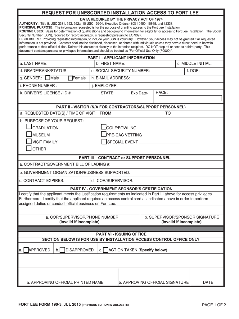  Fort Lee Form 190 3 Lee Army 2017