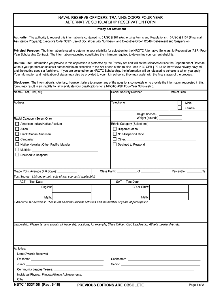  Naval Reserve Officers Training Corps Four Year Alternative Scholarship Reservation Form 2016-2024