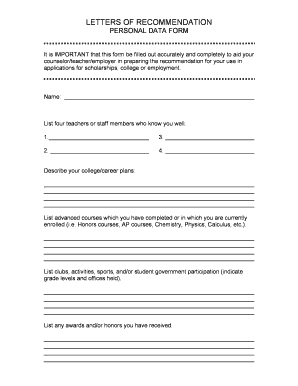 Letter of Recommendation Data Form Yvhs