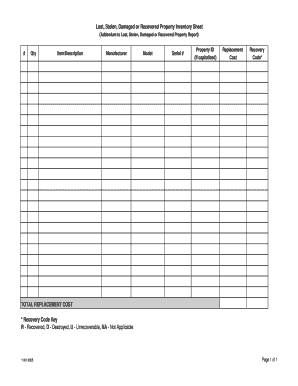 Lost, Stolen, Damaged or Recovered Property Inventory Sheet XLS Baylor  Form