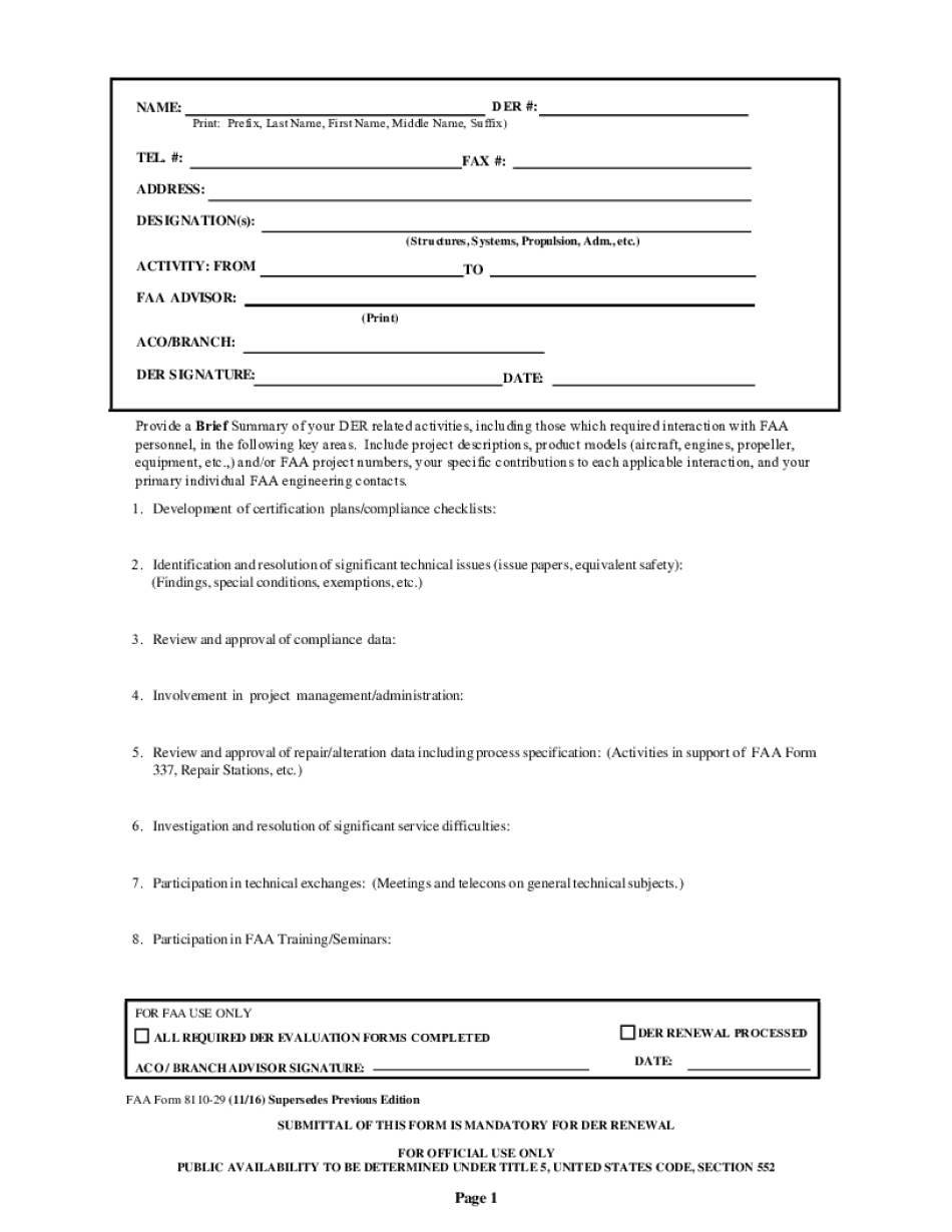 FAA Form 8110 29 DERFAA Interaction Tracking Form DERFAA Interaction Tracking Form Faa