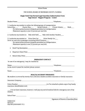 Single Field Trip ParentLegal Guardian Authorization Form Broward K12 Fl