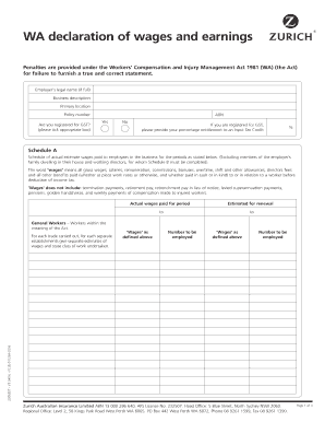  WA Workers Compensation Wage Declaration Zurich Australia 2016