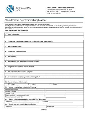 ClaimIncident Supplemental Application Tokio Marine HCC  Form