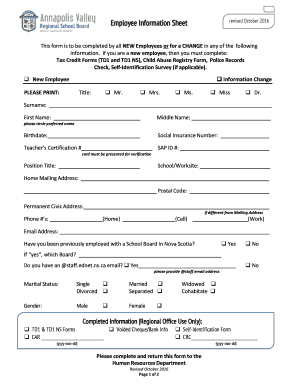 Employee Information Sheet Human Resources Form