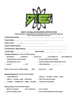 Evaluation Packet Full Year React All Star Cheer &amp; Tumble  Form