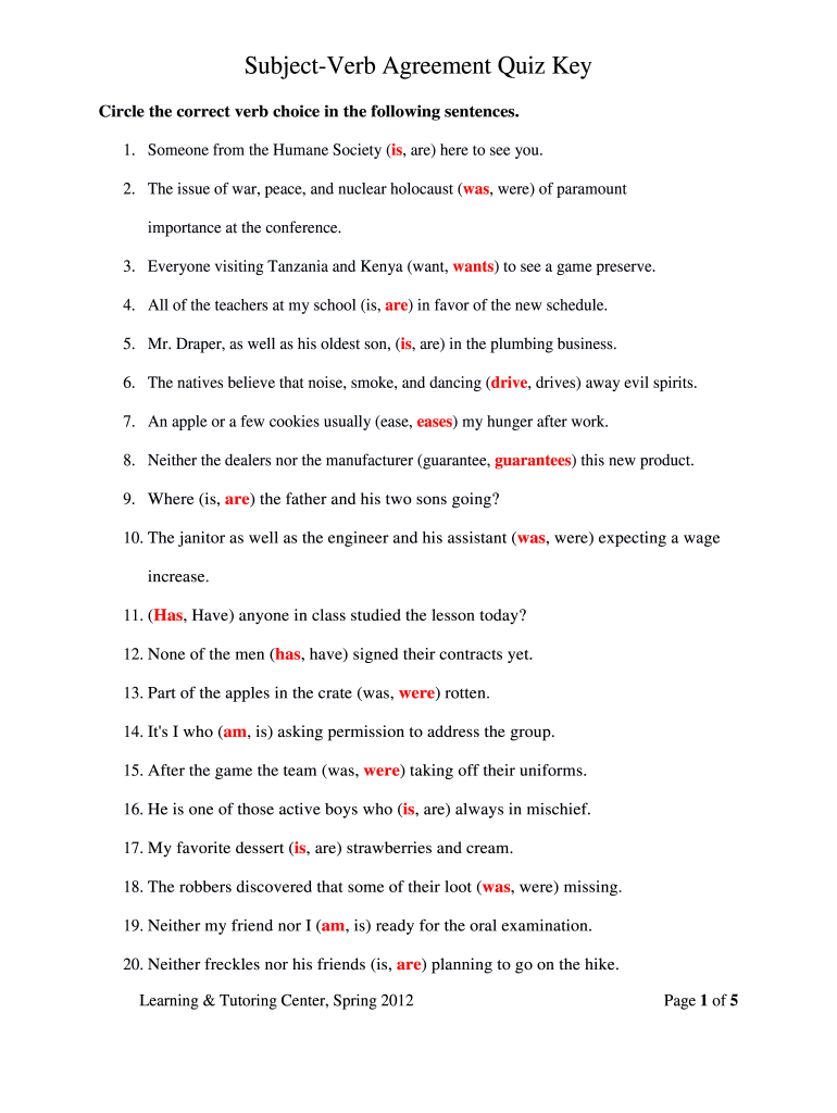 Subject Verb Agreement Worksheet with Answers PDF Form