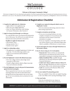 McLennan Community College's Admissions & Registration Checklist, Application and Menigitis Vaccination Information McLennan