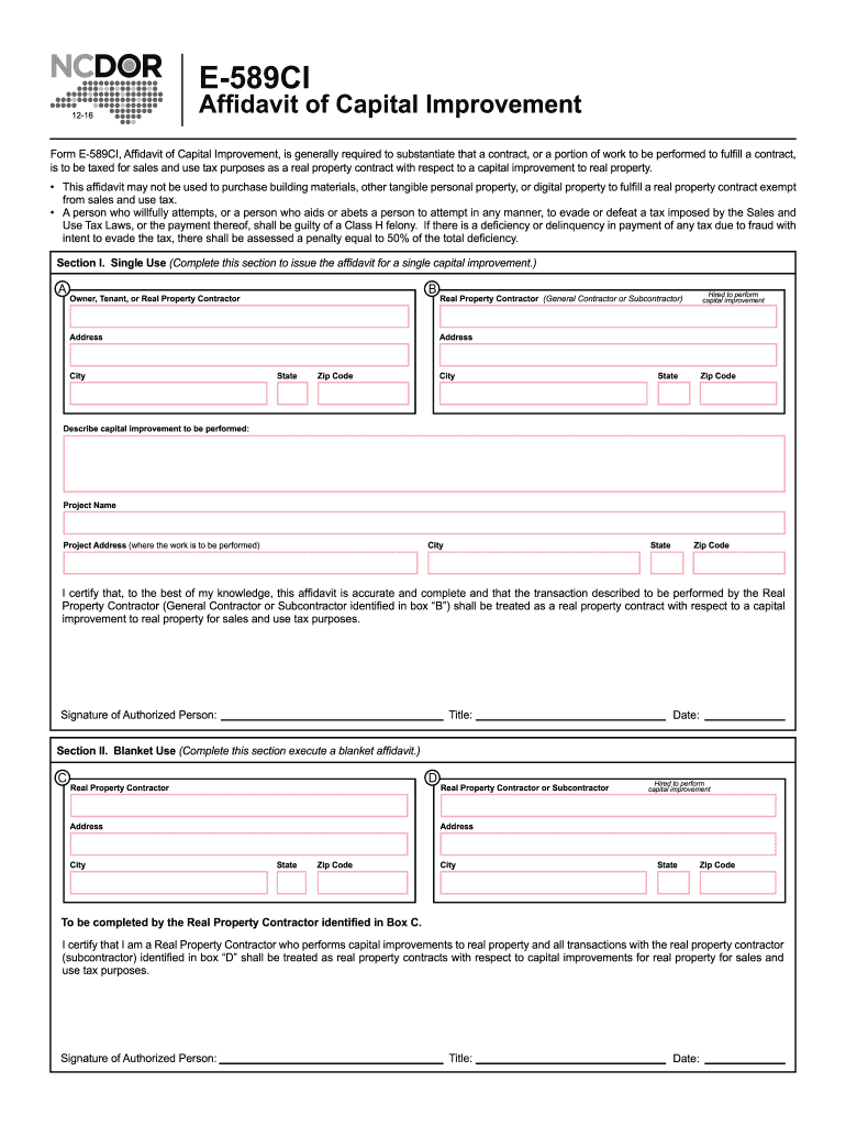  NCDOR Form E 589CI, Affidavit of Capital Improvement 2018