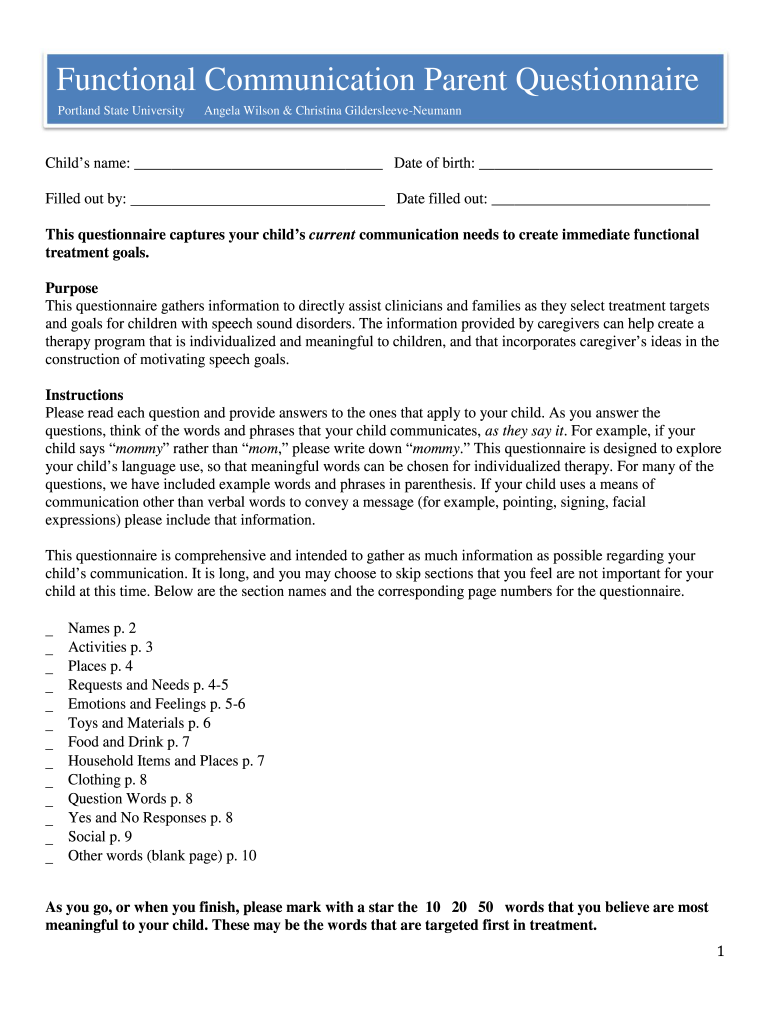 Functional Communication Parent Questionnaire  Form