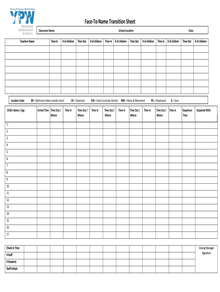 Face to Name Transition Sheet  Form