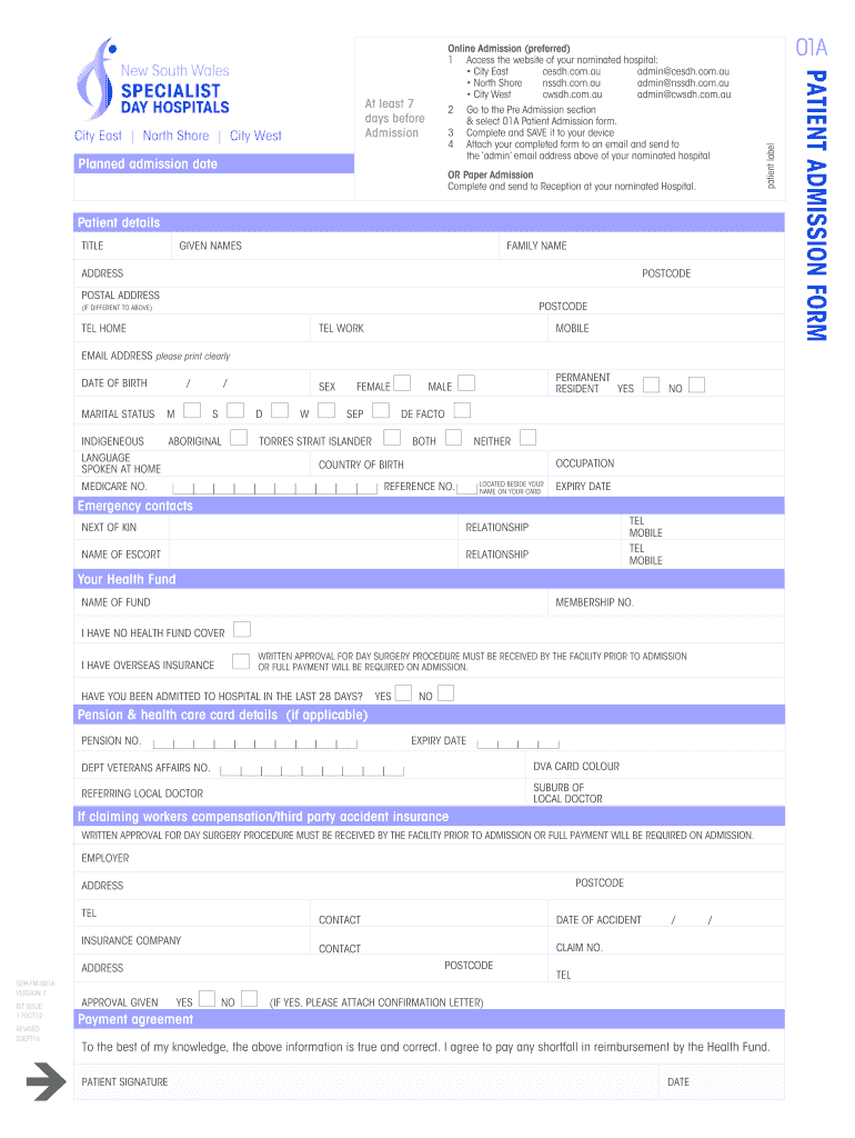  Patient Admission Form City West Specialist Day Hospital 2016-2024