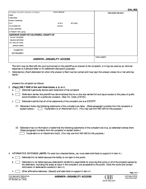 DAL 002 Answer Disability Access Fillable Editable and Saveable California Judicial Council Forms