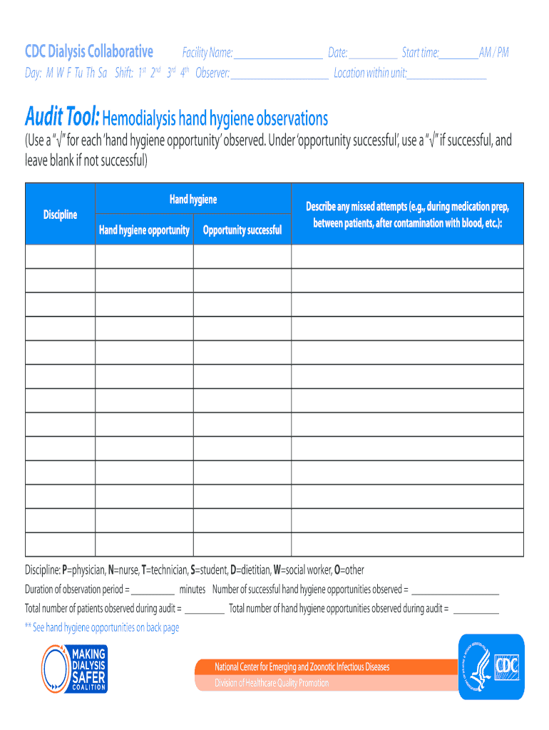 Audit Tool Hemodialysis Hand Hygiene Observations CDC  Form