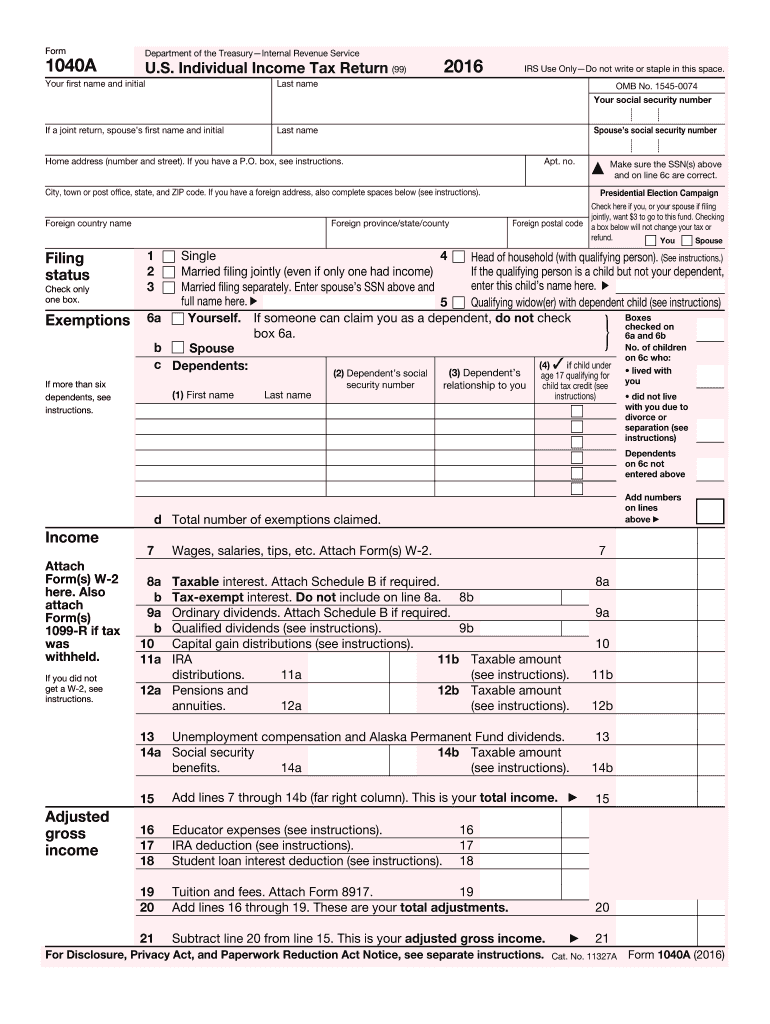  1040a Form 2016