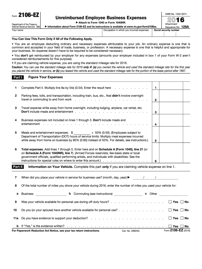  Irs Form 2106 Ez 2016