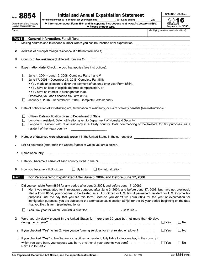  Form 8854 Initial and Annual Expatriation Statement 2016