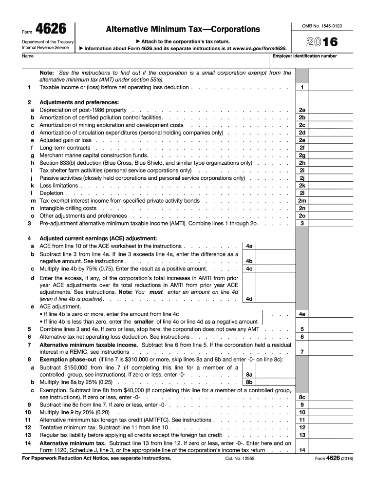  Form 4626 Alternative Minimum TaxCorporations 2016