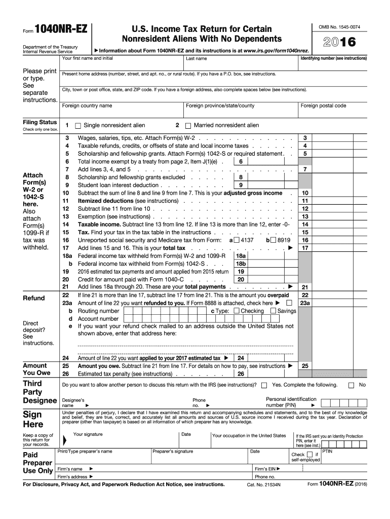  Form 1040nr Ez 2016