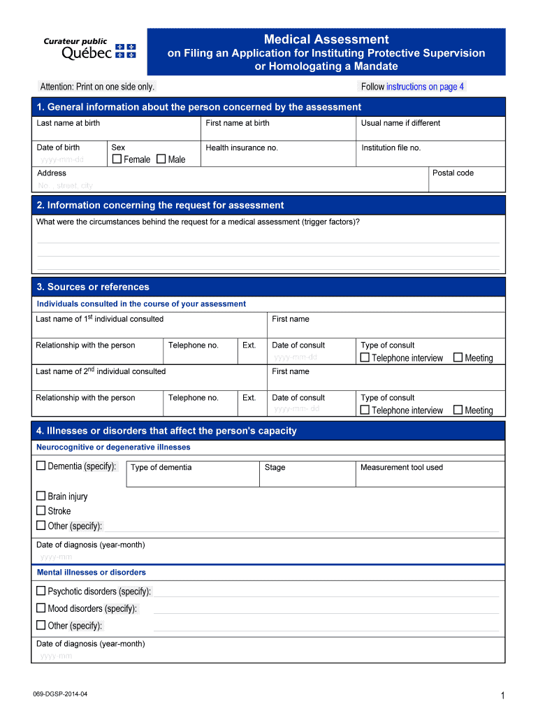  Medical Assessment on Filing an Application for Instituting Protective Supervision or Homologating a Mandate 2014