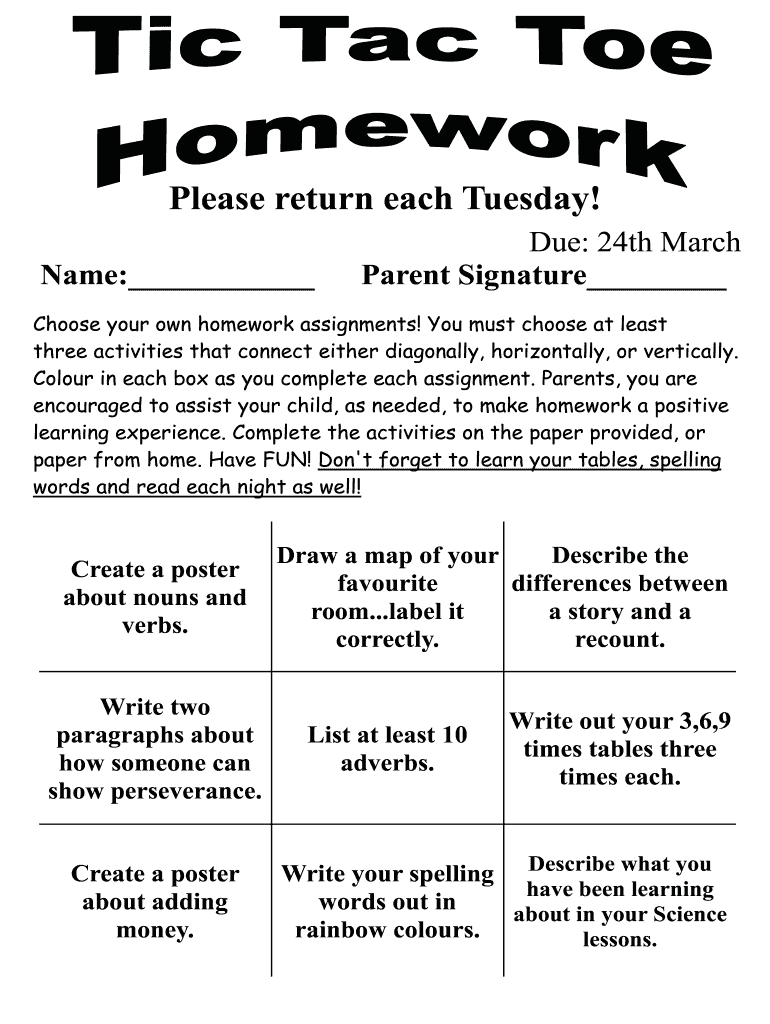 Tac Toe Homework  Form