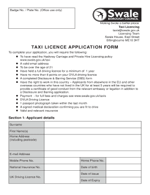 Borough Council Taxi Licence  Form