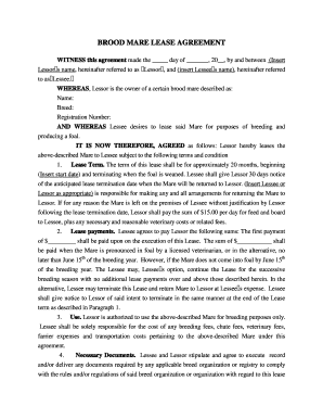 BROOD MARE LEASE AGREEMENT  Form