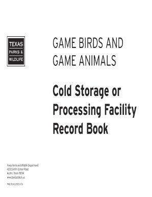 Game Birds and Game Animals Cold Storage or Processing Facility Record Book Wildlife Record Keeping  Form