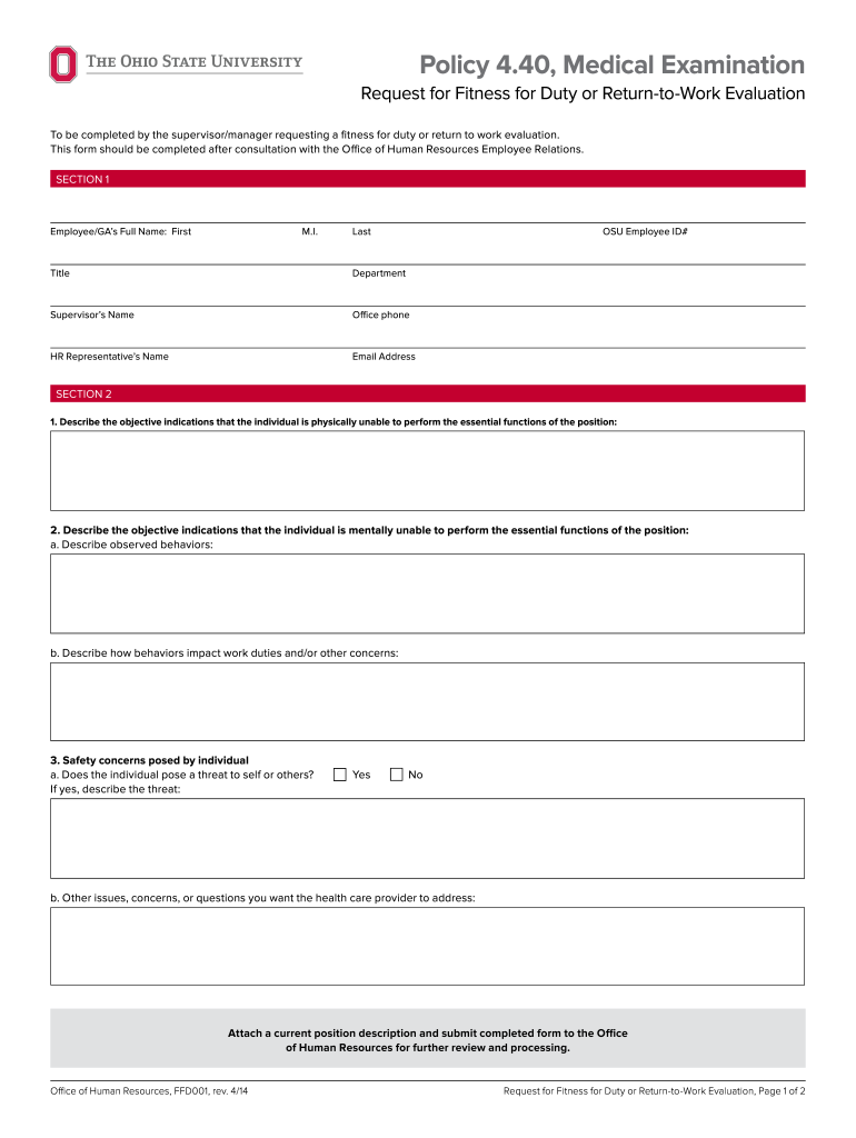 Get and Sign Request for Fitness for Duty or Return to Work Evaluation the Ohio State University Office of Human Resources Policy 4 40 Reques 2014-2022 Form