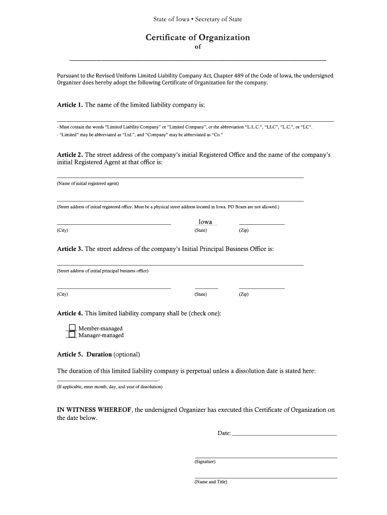  Iowa LLC Certificate of Organization How to Form an LLC in Iowa Download This Fillable Certificate of Organization and Send to T 2016