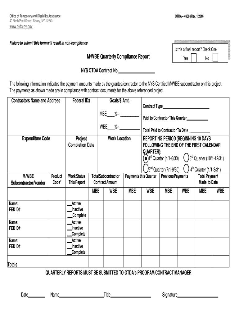  MWBE Quarterly Compliance Report  Office of Temporary and    Otda Ny 2016-2024