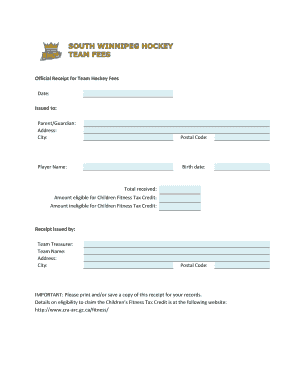 Official Receipt for Team Hockey Fees Swha  Form