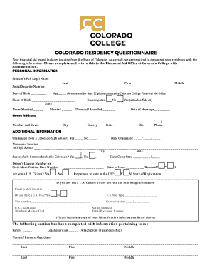COLORADO RESIDENCY QUESTIONNAIRE Coloradocollege  Form