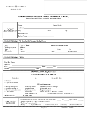  Administrative Authorization Release of Medical Information Mc Vanderbilt 2015-2024