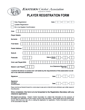 Cricket Player Registration Form PDF