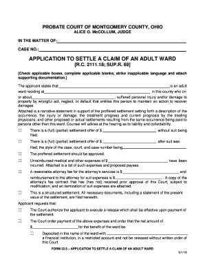 Application to Settle a Claim of an Adult Ward Montgomery County  Form