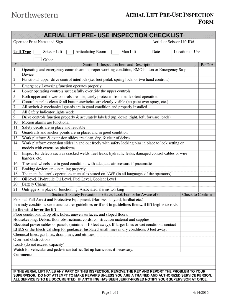 AERIAL LIFT PRE USE INSPECTION  Form