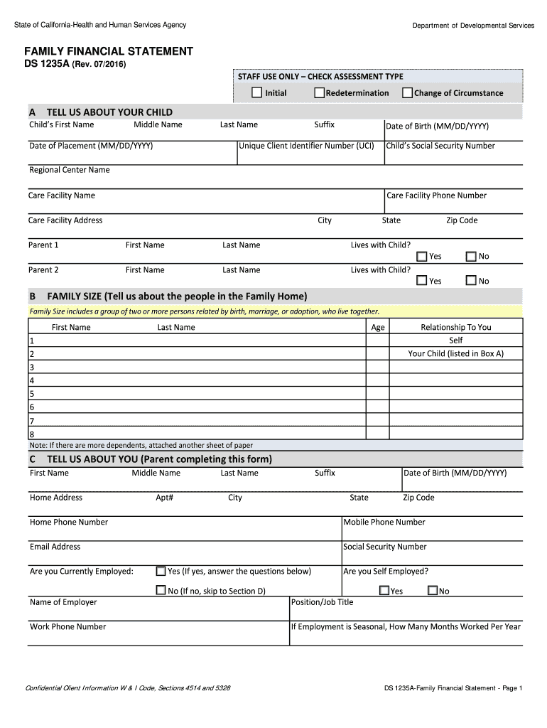  DS 1235A Family Financial Statement Parental Fee, Family Financial Statement Dds Ca 2016