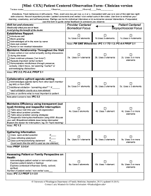 Mini CEX Patient Centered Observation Form Clinician Version Depts Washington