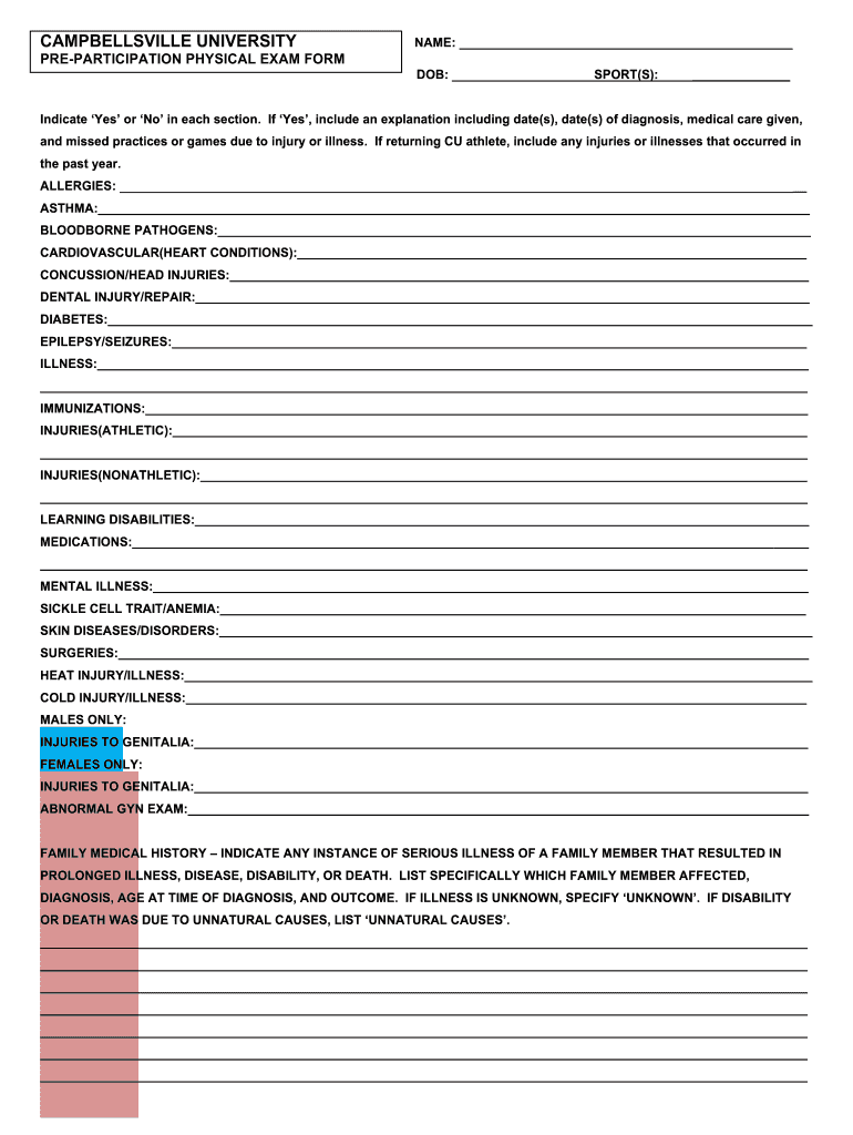 CAMPBELLSVILLE UNIVERSITY PRE PARTICIPATION PHYSICAL EXAM  Form