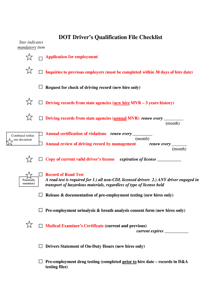 DOT Driver S Qualification File Checklist Star Indicates  Form