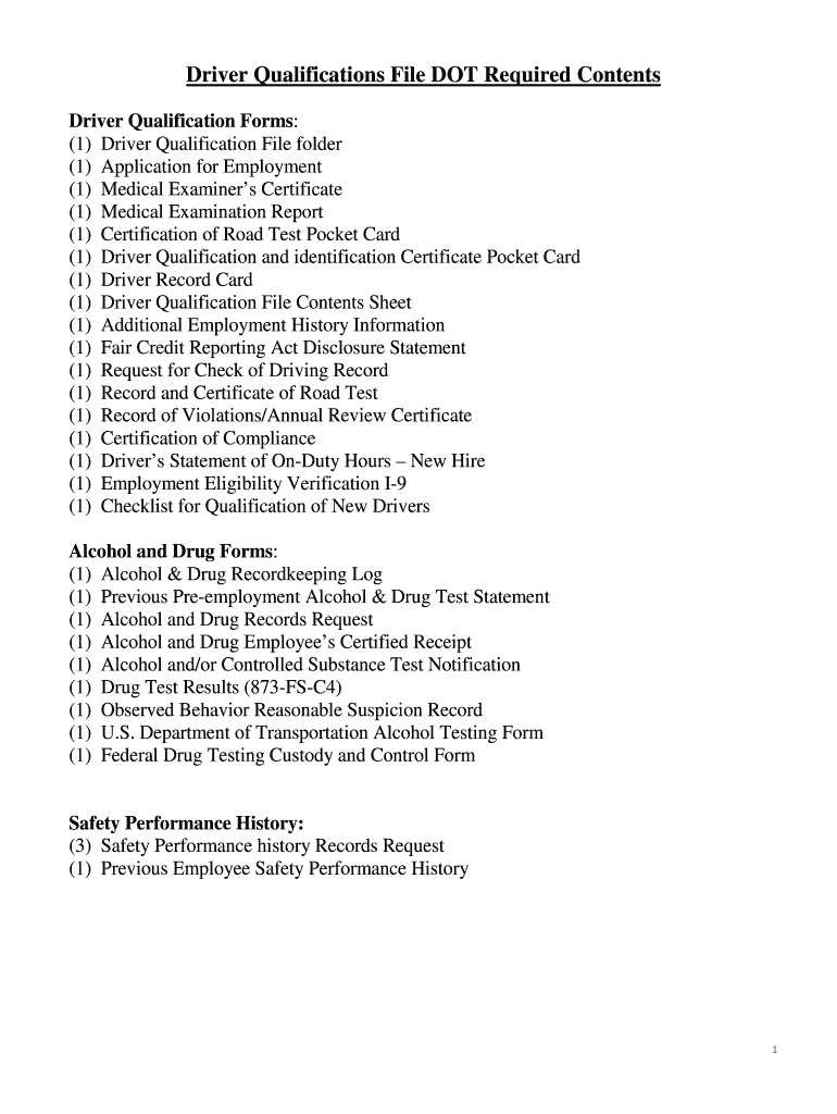 Driver Qualifications File DOT Required Contents  RiskWise  Form