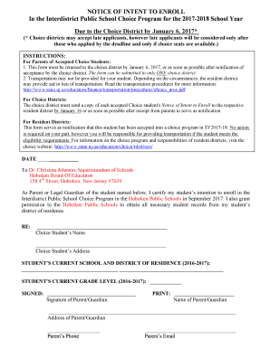  Intent to Enroll Form Hoboken K12 Nj Us 2017