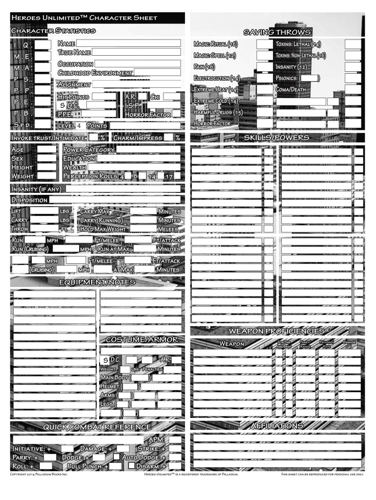 Heroes Unlimited Character Sheet  Form