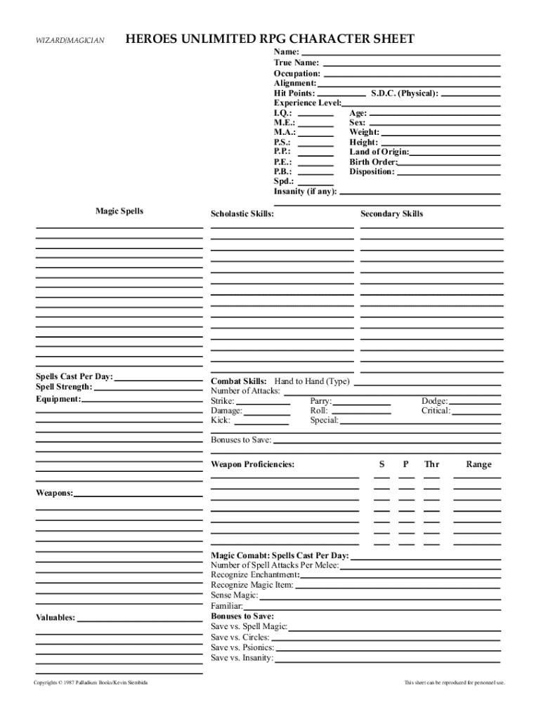 Heroes Unlimited Character Sheet  Form