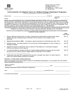 QF222 Immunization Verification Form for Holland College Healthcare Programs