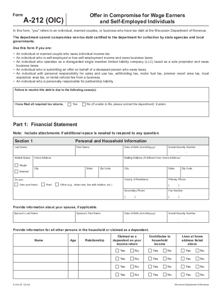  February a 212 Petition for Compromise of Taxes Based on Inability to Pay 2020-2024