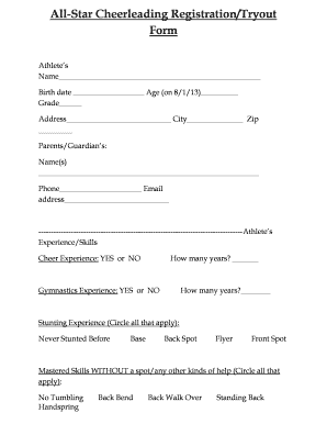 All Star Cheerleading RegistrationTryout Form