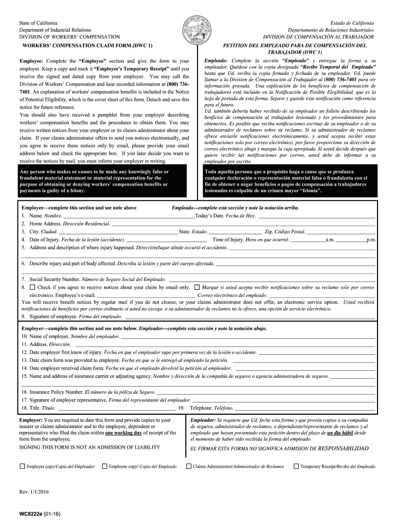 Workers&amp;#39; Compensation Claim Form DWC 1 &amp; Notice of Hanover